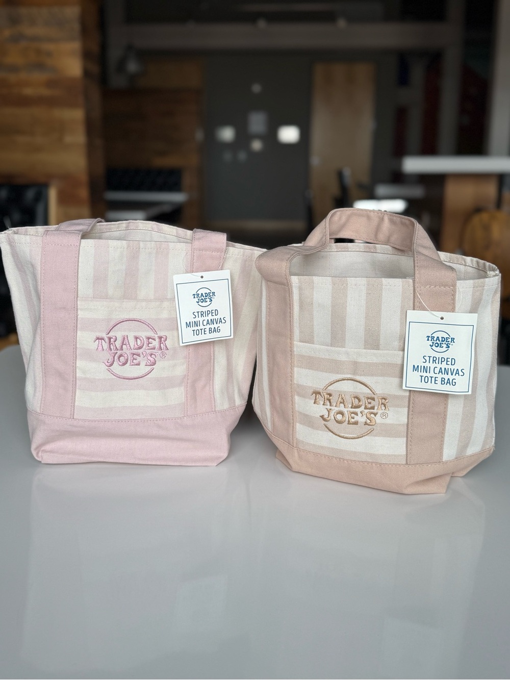 (2) Trader Joe’s Mini Canvas Totes 💕 1 Pink + 1 Tan Beige Pastel Striped tote